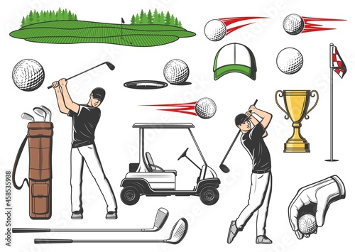 Golfer and golf club sport items, vector game equipment icons for tournament or championship. Golf club caddy cart, victory cup and player with golf bats and pins on green tee course or putter
