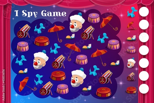 Kids I spy game with circus items and clowns, vector cartoon find and match riddle. Kids tabletop puzzle or I spy game with shapito funfair carnival clowns boots, dog balloon and cannonball