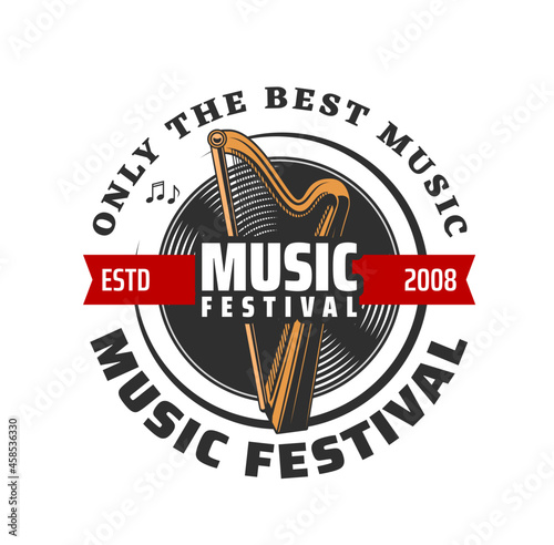 Music festival vector icon, harp, vinyl record and musical notes isolated symbols. Classic stringed musical instrument and red ribbon banner, live concert, party or fest emblem design