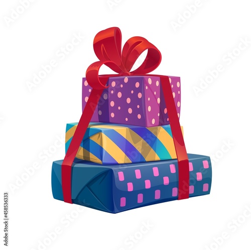 Cartoon holiday gifts stack, vector heap or pile of present boxes with red ribbon and bow. Isolated festive wrapped giftbox, package and pack of Christmas, Xmas, birthday and New Year celebration