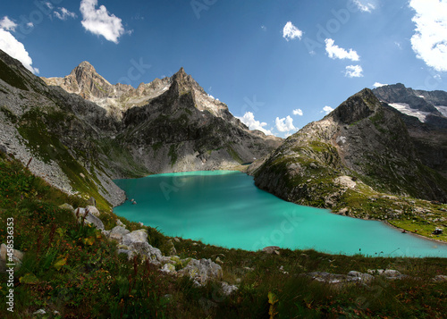Fototapeta Naklejka Na Ścianę i Meble -  Beautiful alpine lake Klukhor in Dombai on the border of Russia and Abkhazia