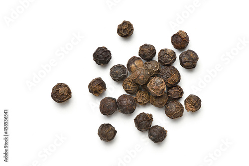 Flat lay (Top view) pile of Black peppercorns (Black pepper) isolated on white background.