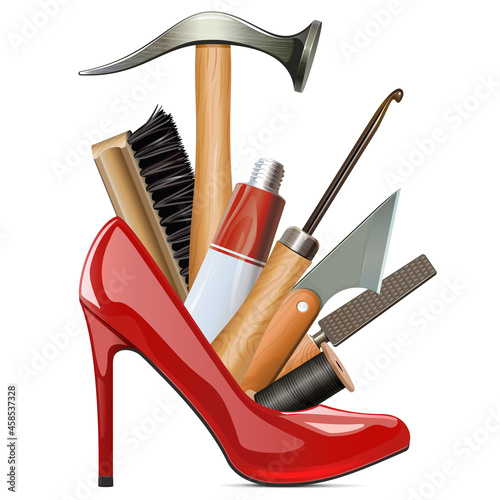 Vector Female Red Shoe with Cobbler Tools
