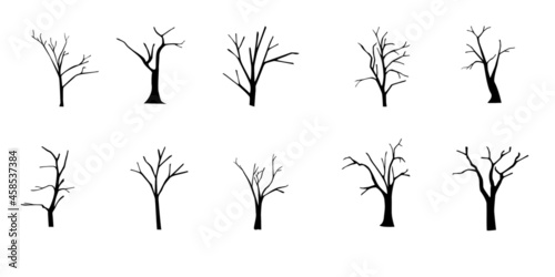 vector illustration set Dry bare tree silhouette with no living leaves. Dead wood. Hand drawn damaged environment. isolated on a white background