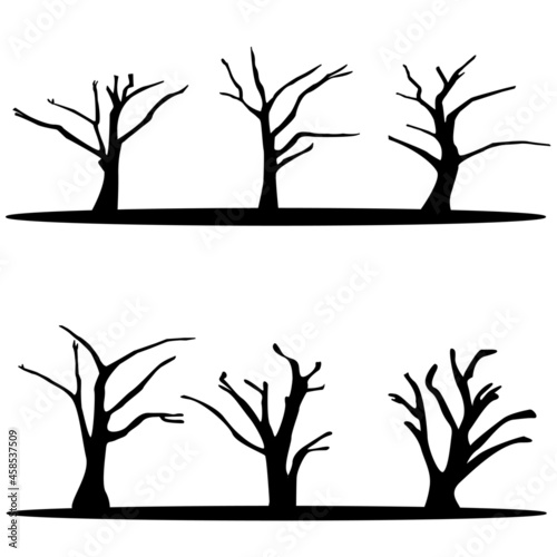 vector illustration set Dry bare tree silhouette with no living leaves. Dead wood. Hand drawn damaged environment. isolated on a white background