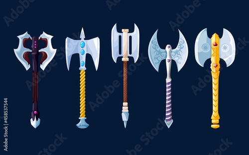 Magical cartoon steel axes and hatchets weapon. Medieval knight vector arms. Ancient warrior or royal soldier battle axe or halberd and tomahawk weaponry armor with golden hilts, game asset