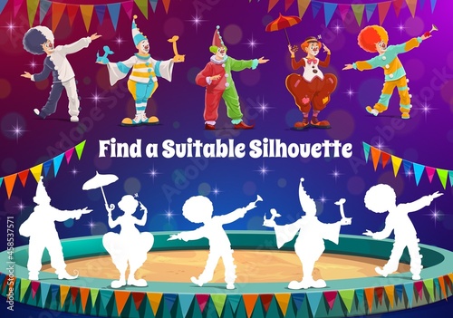 Find a circus clown silhouette, kids game or riddle to match shadow. Vector tabletop puzzle. Find and match same shadow of funfair carnival circus clowns, jesters and jokers performers on stage