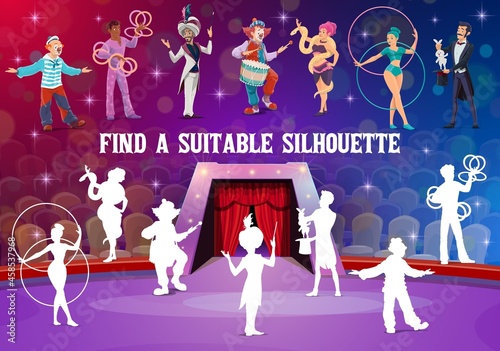 Circus performer silhouettes, kids game vector riddle or tabletop puzzle. Find correct shadow silhouette of circus clown, illusionist, acrobat and juggler, guess and match riddle board game for kids © Vector Tradition