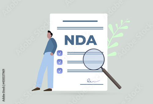 NDA - Non-Disclosure Agreement document concept illustration. Employee and employer contracts. Agreement form, signature and checkmarks icon. Proprietary confidentiality privacy information document. photo