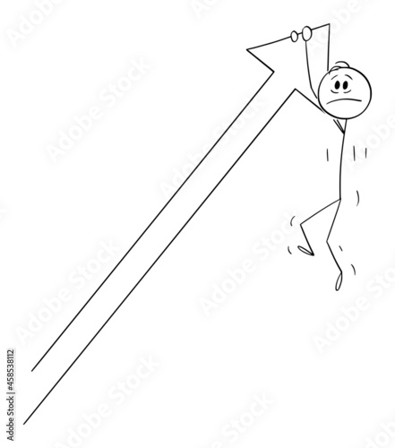 Businessman Falling and Hanging on Big Up Arrow, Failure and Help, Vector Cartoon Stick Figure Illustration
