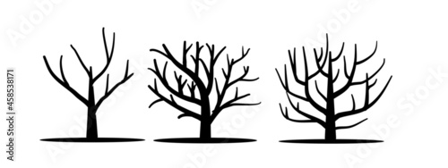 vector illustration set Dry bare tree silhouette with no living leaves. Dead wood. Hand drawn damaged environment. isolated on a white background