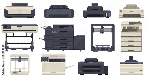 Printer office work professional scanner copier machines. Office technology printing devices, 3d printer, copier vector illustration set. Multifunction office machines