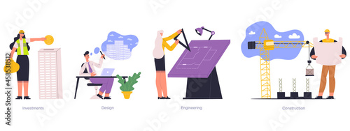 Construction, building, real estate project planning development. Real estate management, engineering, investments vector illustration set. Architectural project stages