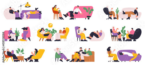 Psychotherapy help individual and group therapy consultation session. Psychotherapist session, patients sitting on sofa vector illustration set. Psychotherapist services