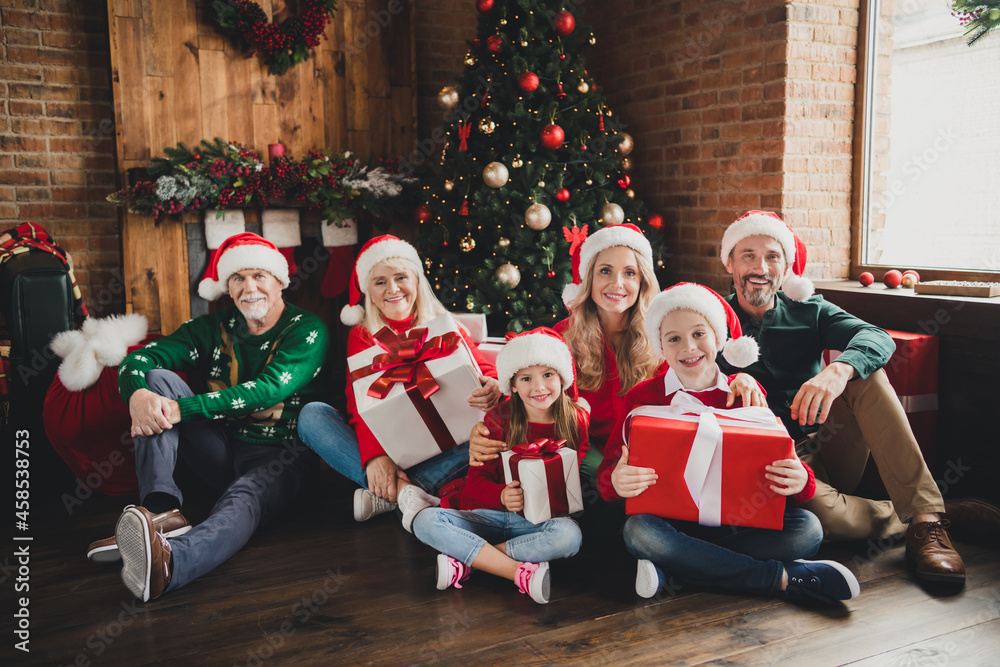 Portrait of attractive cheerful family wearing hats holding December presents sitting on floor tree at home loft house indoors Portrait of attractive cheerful family wearing hats holding December presents sitting on floor tree at home loft house indoors