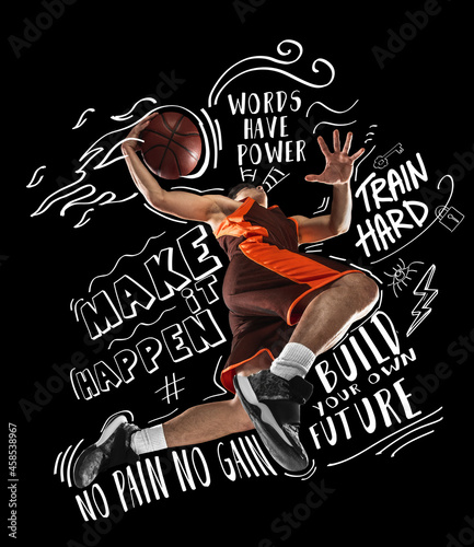 Sportive young man, male basketball player in motion and action with ball isolated on black background with white lettering, graphics and drawings © master1305