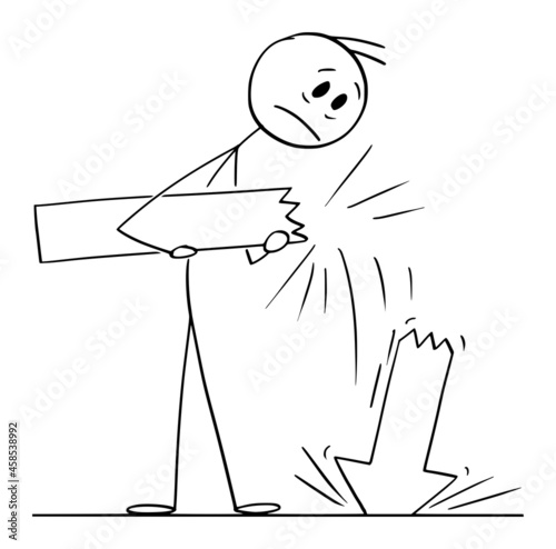 Person or Businessman Following Arrow that Broke, Business Failure Concept, Vector Cartoon Stick Figure Illustration