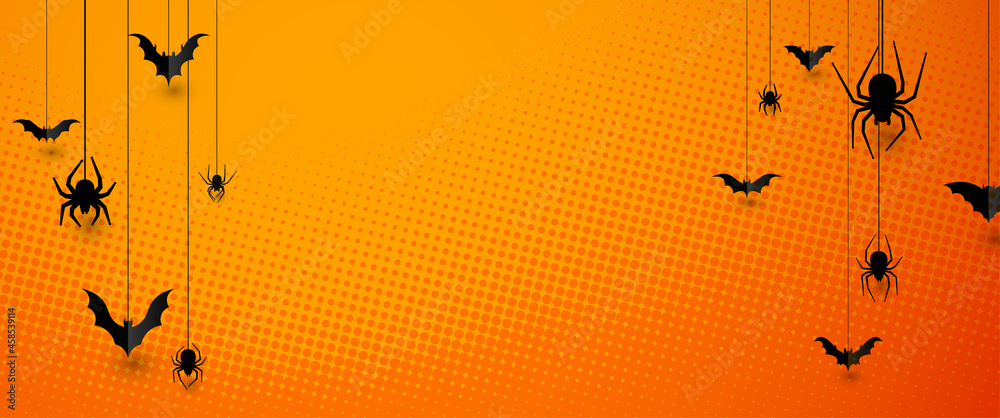 © Vjom - Half tone Halloween background with spiders and bats.