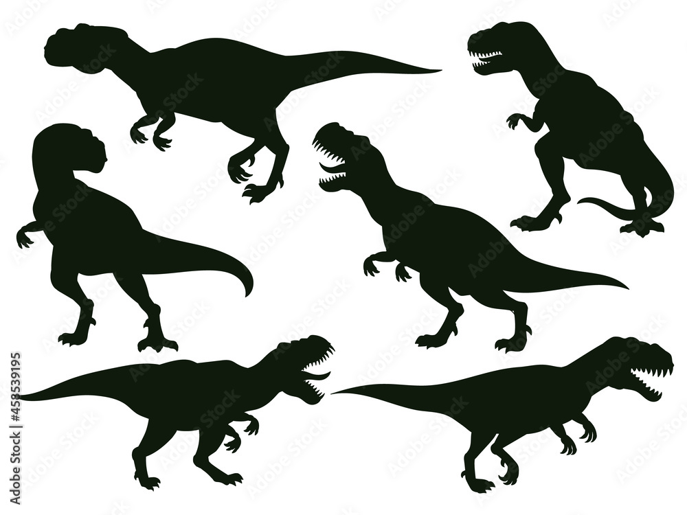 Cartoon jurassic predator tyrannosaurus rex, extinct t-rex silhouette. Jurassic ancient predator, t-rex raptor monster vector illustration set. Tyrannosaurus rex silhouettes