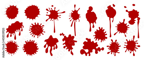 Happy halloween blood drops. Red hand drawn paint splatter, ink splatter background, liquid melt. Horror leak. Vector isolated illustration.
