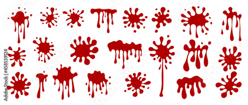 Happy halloween blood drops. Red hand drawn paint splatter, ink splatter background, liquid melt. Horror leak. Vector isolated illustration.
