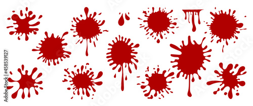 Happy halloween blood drops. Red hand drawn paint splatter  ink splatter background  liquid melt. Horror leak. Vector isolated illustration. 