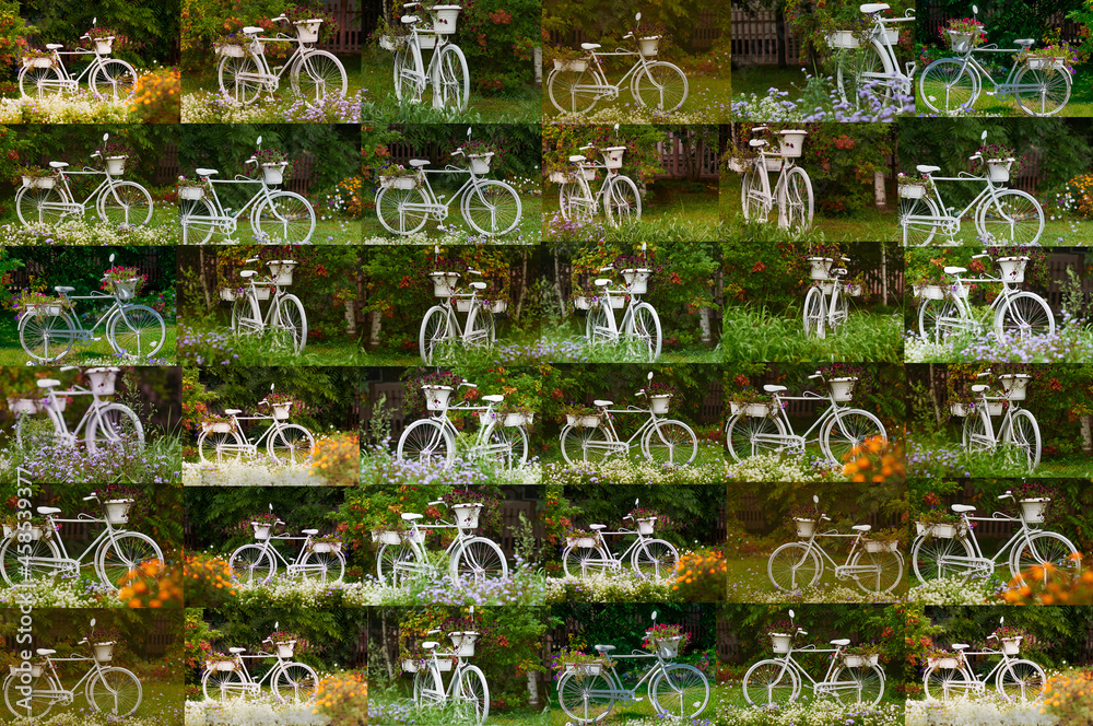 Collage of white bicycles with flowers.