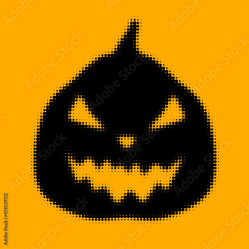 Halftone angry freaky evil pumpkin face.