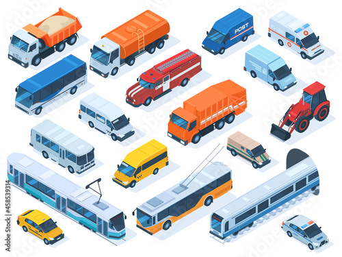Isometric public services transport, taxi, ambulance and police car. Urban vehicles, fire engine, public bus, construction truck vector illustration set. City transport icons