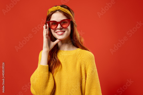 woman with yellow headband red glasses fashion yellow sweater © SHOTPRIME STUDIO