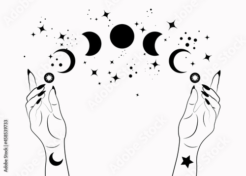 Fotografiet Mystical moon phases and woman hands, Triple moon pagan Wiccan goddess symbol, a
