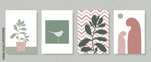 Set of vector art paintings. Botanical posters for home in minimalist, boho, hygge style. Abstract design of plants, birds, for prints, covers, wallpapers, minimalistic and natural wall art. 