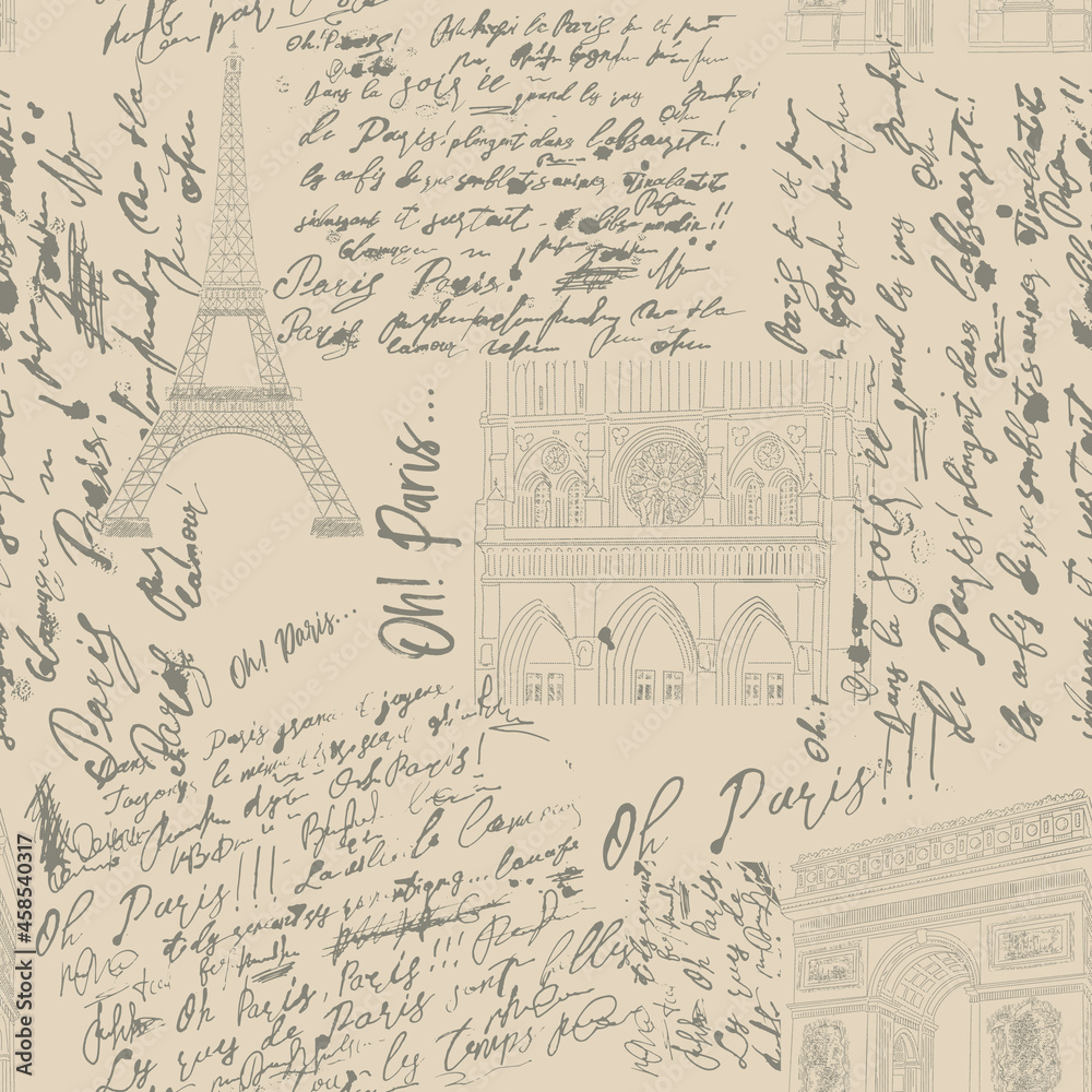 Seamless pattern with the sights of Paris. The Eiffel Tower, Notre Dame de Paris, the Arc de Triomphe in the engraved style with handwritten text.