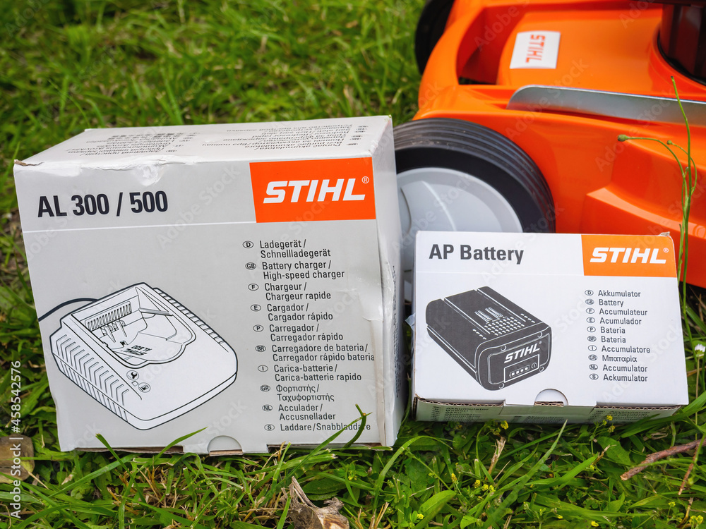 Paris, France - June 12, 2021: carton package with Stihl Ap Battery and its  Al 300 and 500 charger for the lawn mower grass cutting machine and other  garden accessories Stock Photo | Adobe Stock