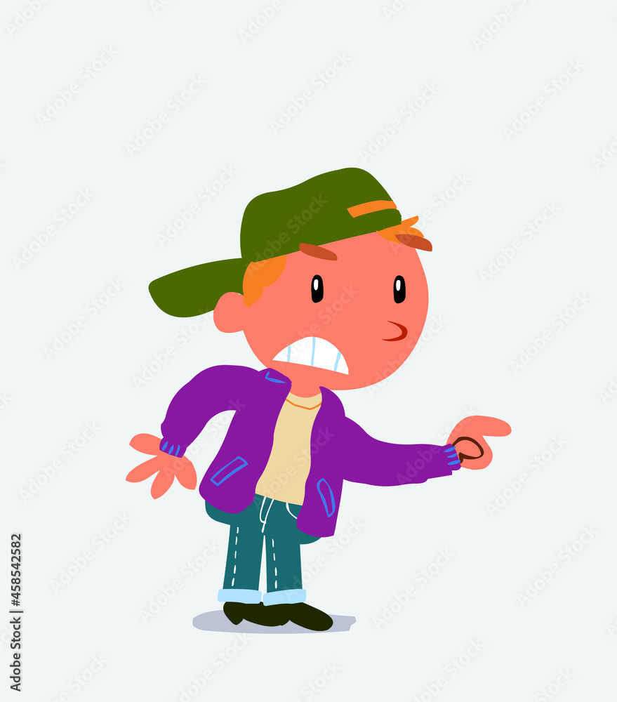 cartoon character of little boy on jeans pointing something aggressively. cartoon character of little boy on jeans pointing something aggressively.