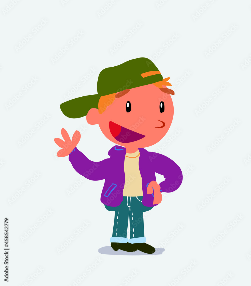 cartoon character of little boy on jeans waving happily.