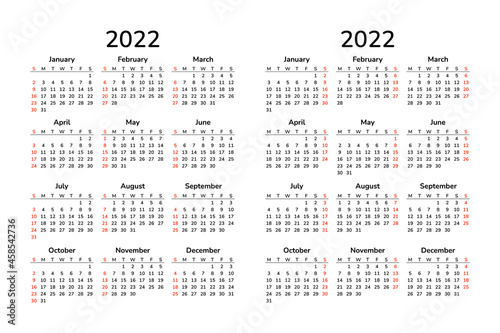 Vertical calendar 2022. Happy New Year. Vector template. Wall A4 pocket desk table calendar. Week starts on Monday. Week starts on Sunday