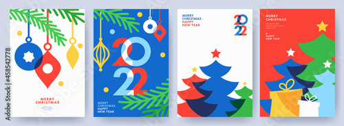 Merry Christmas and Happy New Year Set of greeting cards, posters, holiday covers. Modern Xmas design in blue, green, red, yellow and white colors. Christmas tree, balls, fir branches, gifts elements