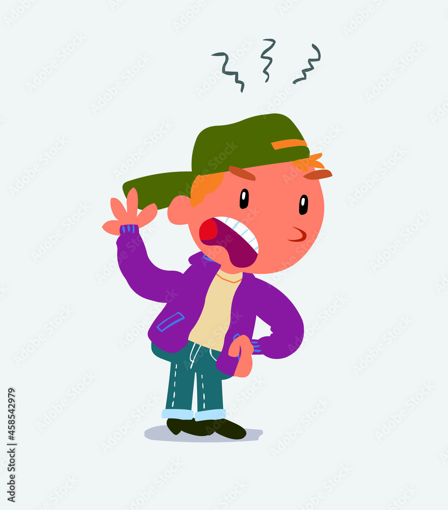 Indigned cartoon character of little boy on jeans vehemently shakes his hand. Indigned cartoon character of little boy on jeans vehemently shakes his hand.