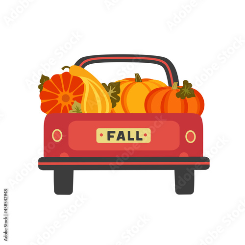 Red farm truck with pumpkins flat color vector. Fall season pumpkin harvest festive sale background. Farming pickup van cartoon design element. Autumn vegetables harvest banner template illustration