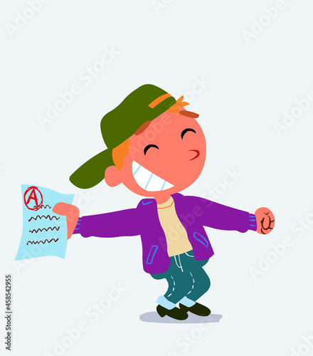 happy cartoon character of little boy on jeans rejoices with exam in hand.