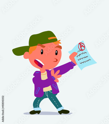 cartoon character of little boy on jeans arguing effusively with exam in hand.