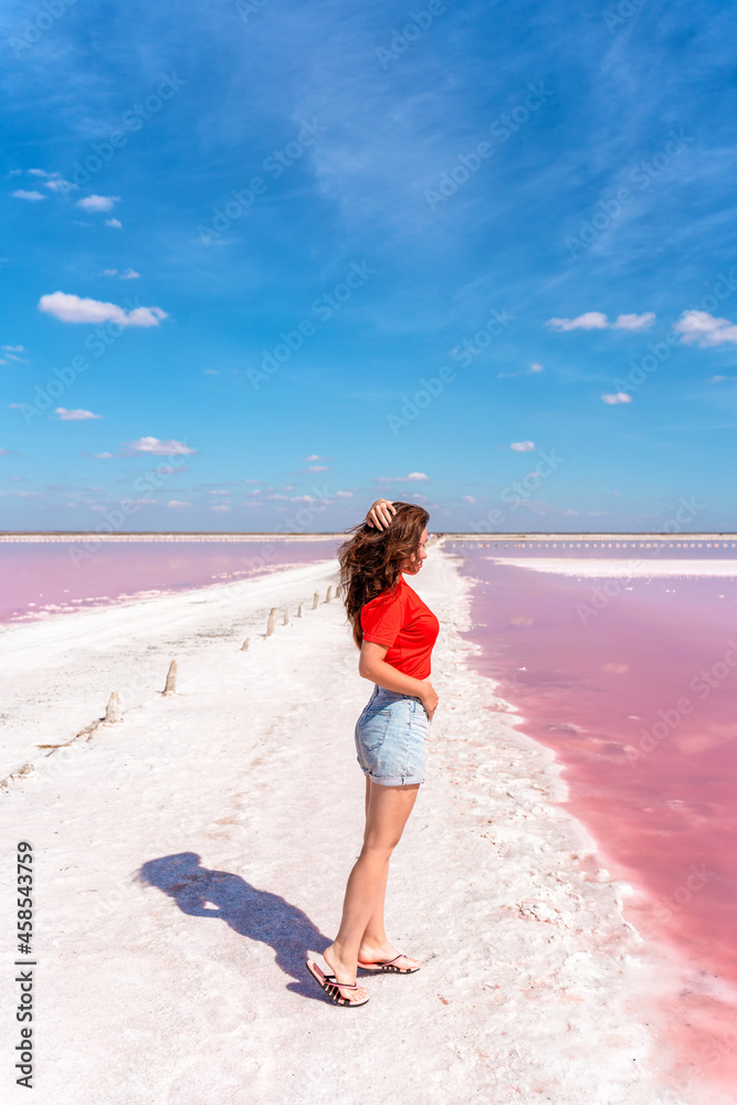 A beautiful young woman walking along the shore of a salty pink lake with a blue sky. The concept of serenity A beautiful young woman walking along the shore of a salty pink lake with a blue sky. The concept of serenity