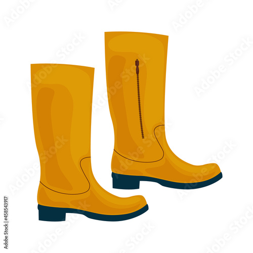 Fashionable classic high boots in yellow color. Autumn shoes. High-heeled boots. Vector illustration isolated on a white background