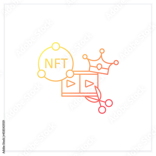 NFT video clips gradient icon.Clips with non fungible token coin.Represent digital files.Used to commodify digital creations.Isolated vector illustration.Suitable to banners,mobile apps,presentation
