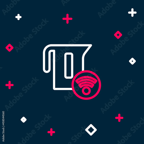 Line Smart electric kettle system icon isolated on blue background. Teapot icon. Internet of things concept with wireless connection. Colorful outline concept. Vector