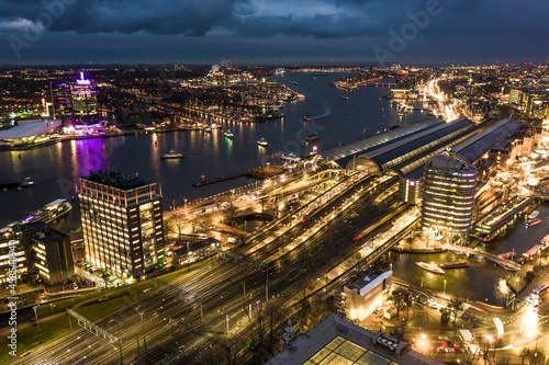Amsterdam Centraal Railway Station at Night Aerial View