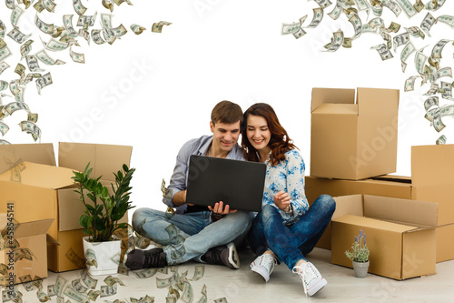Photo of optimistic nice couple win money isolated on white color background