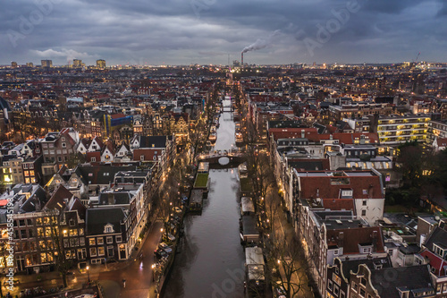 Amsterdam City Canals at Dusk Aerial View