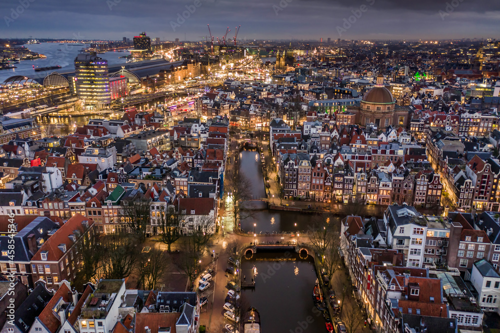 Amsterdam Holland at Night Aerial View